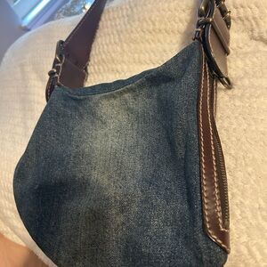 Fendi sexy vintage denim w/brown leather handle/gold/copper detail top/side zip